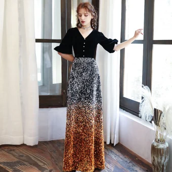 Chic Belle Noire Dégradé De Couleur Orange Paillettes Robe De Soirée 2020 Princesse V Cou Gonflée 1 2 Manches Longue Dos Nu Robe De Ceremonie