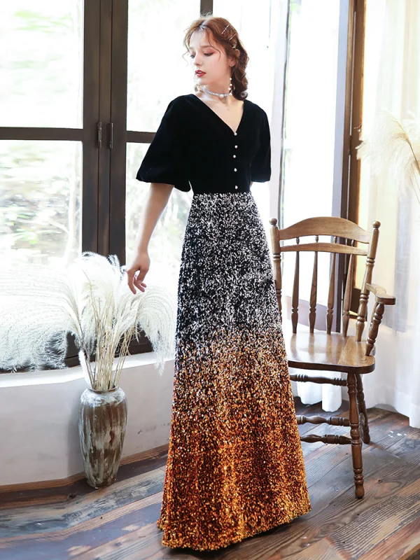 Chic / Belle Noire Dégradé De Couleur Orange Paillettes Robe De Soirée 2020 Princesse V-Cou Gonflée 1/2 Manches Longue Dos Nu Robe De Ceremonie
