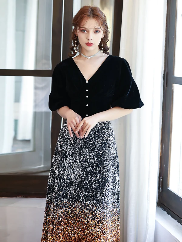 Chic / Belle Noire Dégradé De Couleur Orange Paillettes Robe De Soirée 2020 Princesse V-Cou Gonflée 1/2 Manches Longue Dos Nu Robe De Ceremonie