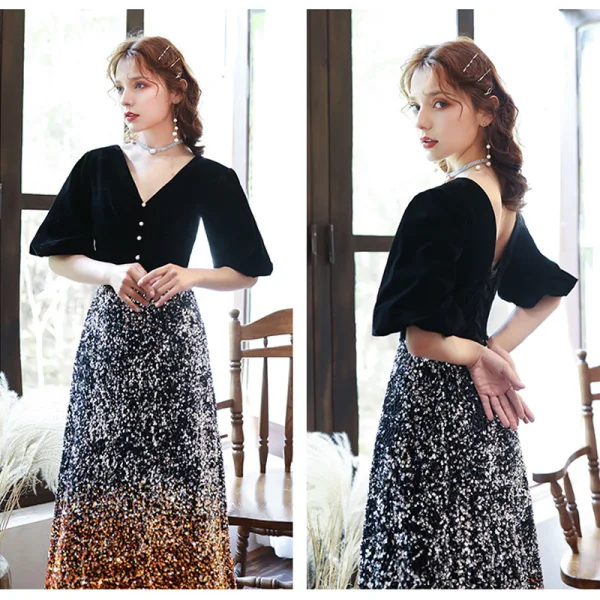 Chic / Belle Noire Dégradé De Couleur Orange Paillettes Robe De Soirée 2020 Princesse V-Cou Gonflée 1/2 Manches Longue Dos Nu Robe De Ceremonie