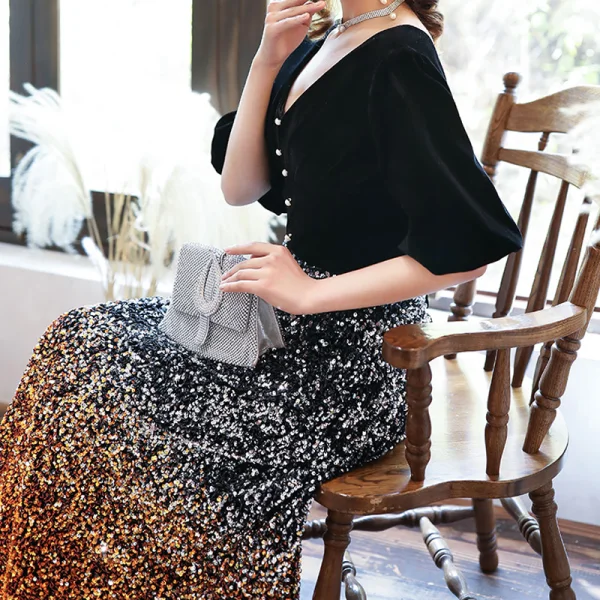 Chic / Belle Noire Dégradé De Couleur Orange Paillettes Robe De Soirée 2020 Princesse V-Cou Gonflée 1/2 Manches Longue Dos Nu Robe De Ceremonie