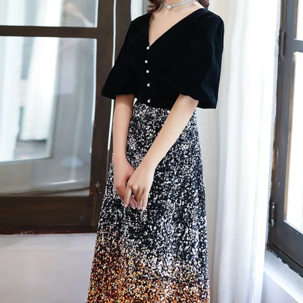 Chic / Belle Noire Dégradé De Couleur Orange Paillettes Robe De Soirée 2020 Princesse V-Cou Gonflée 1/2 Manches Longue Dos Nu Robe De Ceremonie