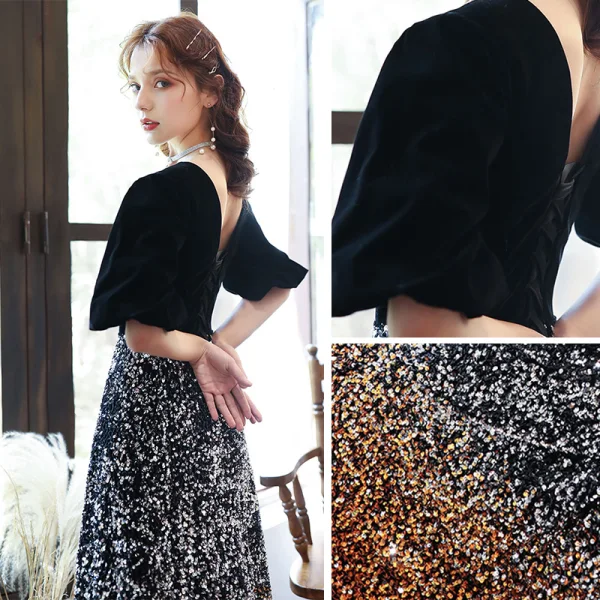 Chic / Belle Noire Dégradé De Couleur Orange Paillettes Robe De Soirée 2020 Princesse V-Cou Gonflée 1/2 Manches Longue Dos Nu Robe De Ceremonie