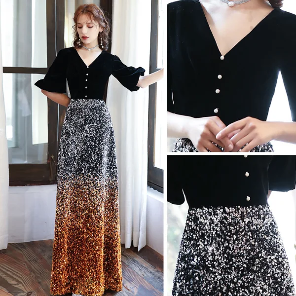 Chic / Belle Noire Dégradé De Couleur Orange Paillettes Robe De Soirée 2020 Princesse V-Cou Gonflée 1/2 Manches Longue Dos Nu Robe De Ceremonie