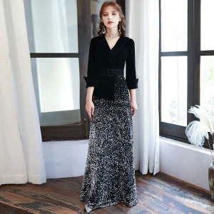 Chic Beautiful Black Velour Winter Evening Dresses 2020 A Line Princess V Neck 3 4 Sleeve Sash Sequins Floor Length Long Formal Dresses