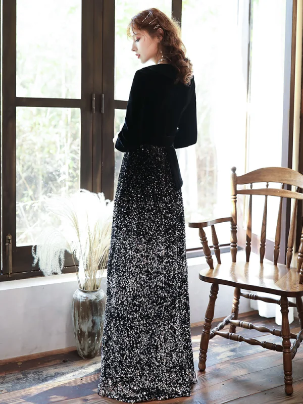 Chic / Beautiful Black Velour Winter Evening Dresses  2020 A-Line / Princess V-Neck 3/4 Sleeve Sash Sequins Floor-Length / Long Formal Dresses