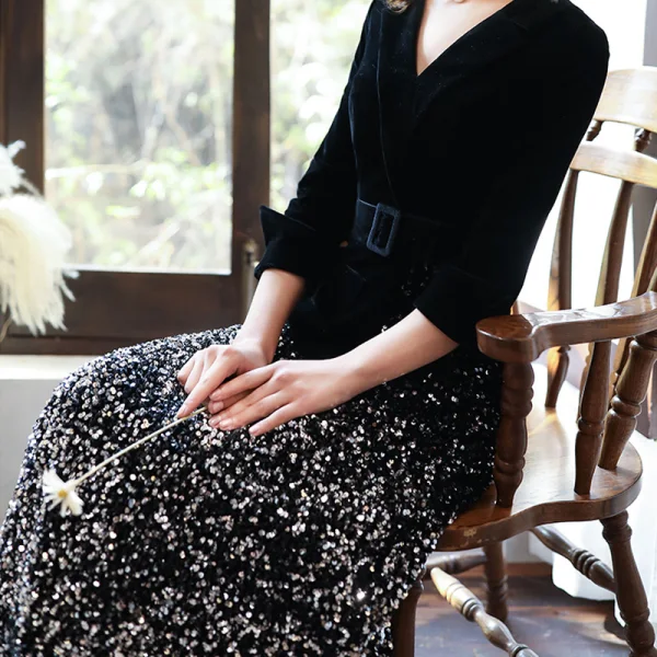 Chic / Beautiful Black Velour Winter Evening Dresses  2020 A-Line / Princess V-Neck 3/4 Sleeve Sash Sequins Floor-Length / Long Formal Dresses