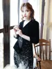 Chic / Beautiful Black Velour Winter Evening Dresses  2020 A-Line / Princess V-Neck 3/4 Sleeve Sash Sequins Floor-Length / Long Formal Dresses