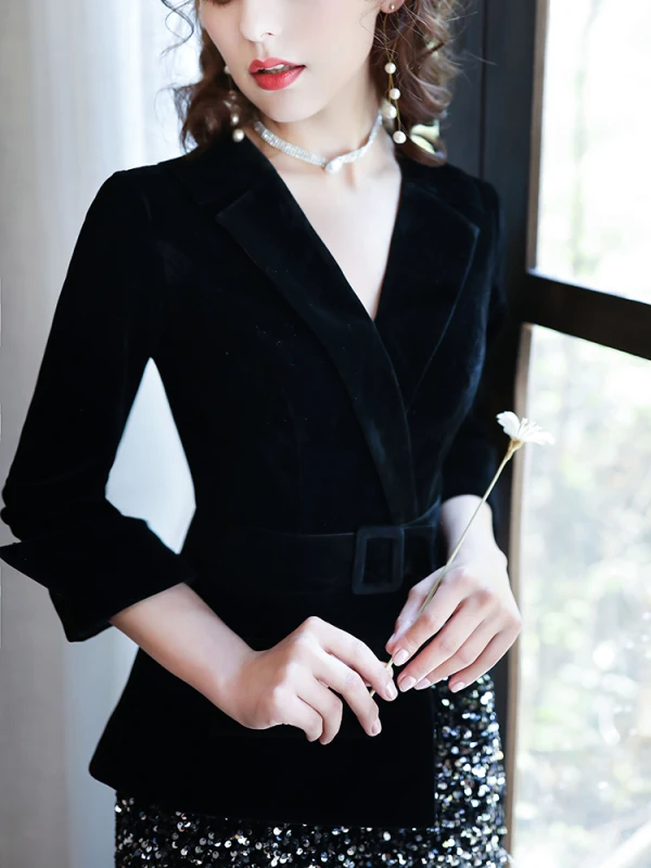 Chic / Beautiful Black Velour Winter Evening Dresses  2020 A-Line / Princess V-Neck 3/4 Sleeve Sash Sequins Floor-Length / Long Formal Dresses