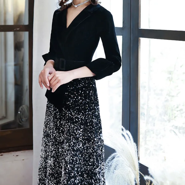 Chic / Beautiful Black Velour Winter Evening Dresses  2020 A-Line / Princess V-Neck 3/4 Sleeve Sash Sequins Floor-Length / Long Formal Dresses