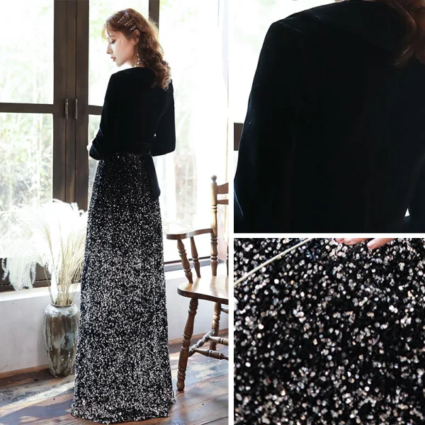 Chic / Beautiful Black Velour Winter Evening Dresses  2020 A-Line / Princess V-Neck 3/4 Sleeve Sash Sequins Floor-Length / Long Formal Dresses