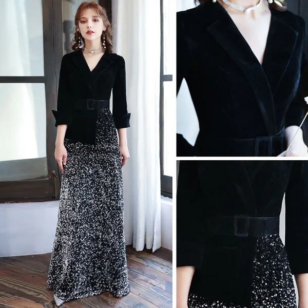Chic / Beautiful Black Velour Winter Evening Dresses  2020 A-Line / Princess V-Neck 3/4 Sleeve Sash Sequins Floor-Length / Long Formal Dresses