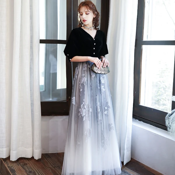 Classic Black Gradient-Color White Evening Dresses 2020 Princess V-Neck Puffy 1/2 Sleeves Glitter Printing Flower Floor-Length / Long Ruffle Backless