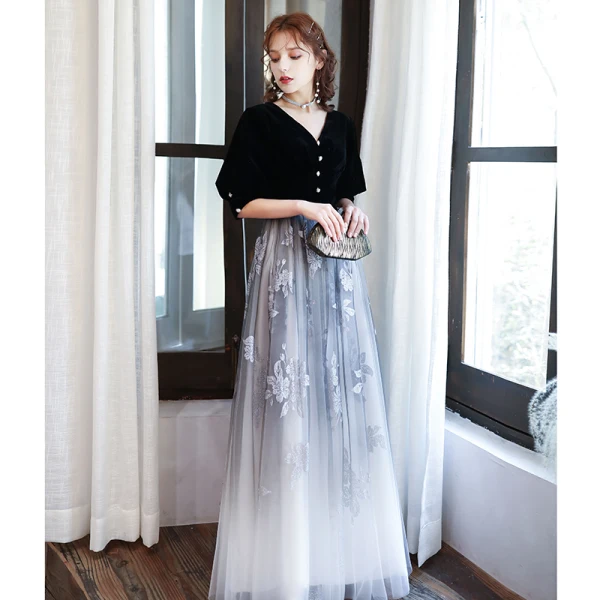 Classic Black Gradient-Color White Evening Dresses 2020 Princess V-Neck Puffy 1/2 Sleeves Glitter Printing Flower Floor-Length / Long Ruffle Backless Formal Dresses
