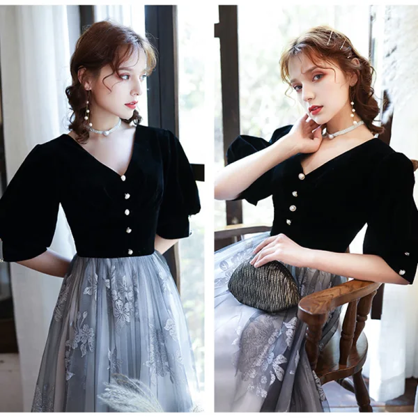 Classic Black Gradient-Color White Evening Dresses 2020 Princess V-Neck Puffy 1/2 Sleeves Glitter Printing Flower Floor-Length / Long Ruffle Backless Formal Dresses