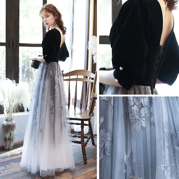 Classic Black Gradient-Color White Evening Dresses 2020 Princess V-Neck Puffy 1/2 Sleeves Glitter Printing Flower Floor-Length / Long Ruffle Backless Formal Dresses