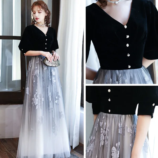 Classic Black Gradient-Color White Evening Dresses 2020 Princess V-Neck Puffy 1/2 Sleeves Glitter Printing Flower Floor-Length / Long Ruffle Backless Formal Dresses