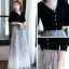 Classic Black Gradient-Color White Evening Dresses  2020 Princess V-Neck Puffy 1/2 Sleeves Glitter Printing Flower Floor-Length / Long Ruffle Backless Formal Dresses