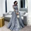 Best Purple Evening Dresses  2020 A-Line / Princess High Neck Puffy Long Sleeve Glitter Appliques Lace Beading Floor-Length / Long Ruffle Backless Formal Dresses