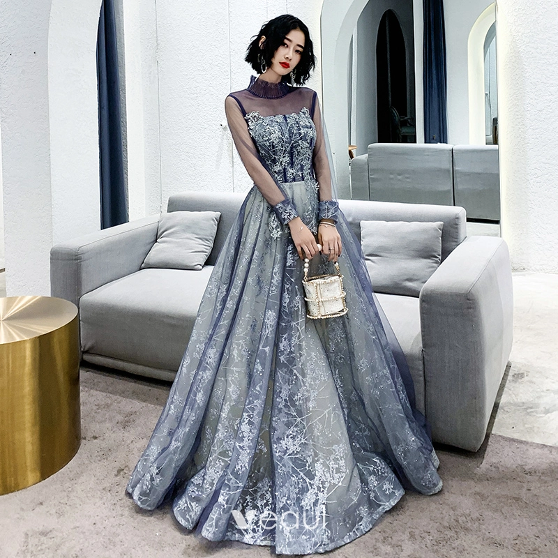 Best Purple Evening Dresses 2020 A-Line / Princess High Neck Puffy Long  Sleeve Glitter Appliques Lace Beading Floor-Length / Long Ruffle Backless Formal  Dresses