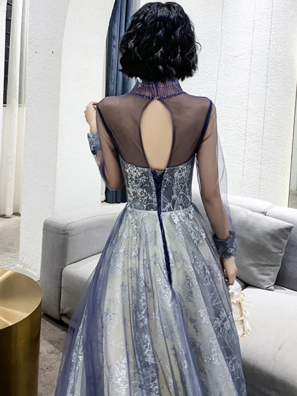 Best Purple Evening Dresses  2020 A-Line / Princess High Neck Puffy Long Sleeve Glitter Appliques Lace Beading Floor-Length / Long Ruffle Backless Formal Dresses