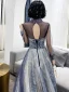 Best Purple Evening Dresses  2020 A-Line / Princess High Neck Puffy Long Sleeve Glitter Appliques Lace Beading Floor-Length / Long Ruffle Backless Formal Dresses