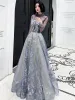 Best Purple Evening Dresses  2020 A-Line / Princess High Neck Puffy Long Sleeve Glitter Appliques Lace Beading Floor-Length / Long Ruffle Backless Formal Dresses