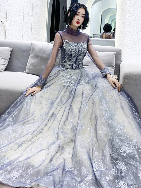 Best Purple Evening Dresses  2020 A-Line / Princess High Neck Puffy Long Sleeve Glitter Appliques Lace Beading Floor-Length / Long Ruffle Backless Formal Dresses
