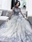 Best Purple Evening Dresses  2020 A-Line / Princess High Neck Puffy Long Sleeve Glitter Appliques Lace Beading Floor-Length / Long Ruffle Backless Formal Dresses