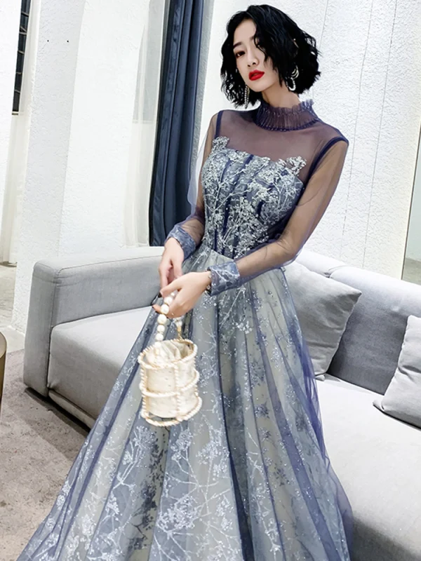 Best Purple Evening Dresses  2020 A-Line / Princess High Neck Puffy Long Sleeve Glitter Appliques Lace Beading Floor-Length / Long Ruffle Backless Formal Dresses