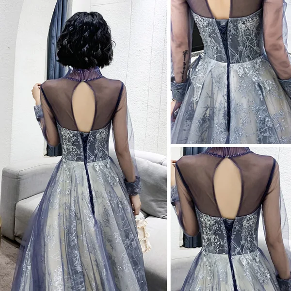 Best Purple Evening Dresses  2020 A-Line / Princess High Neck Puffy Long Sleeve Glitter Appliques Lace Beading Floor-Length / Long Ruffle Backless Formal Dresses