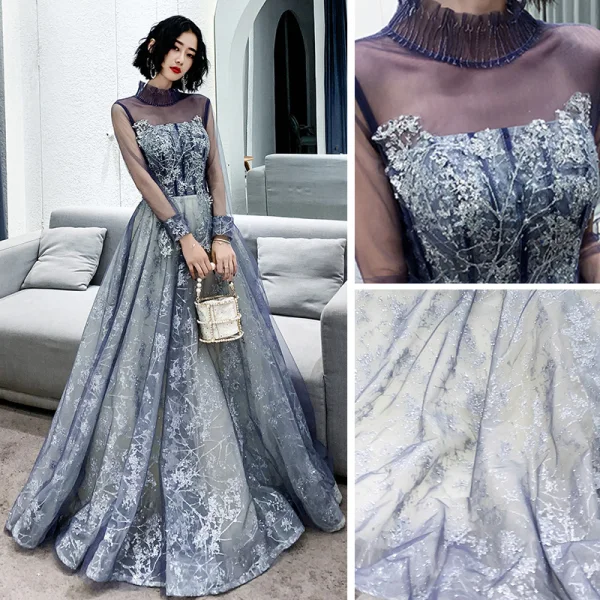 Best Purple Evening Dresses  2020 A-Line / Princess High Neck Puffy Long Sleeve Glitter Appliques Lace Beading Floor-Length / Long Ruffle Backless Formal Dresses