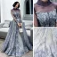 Best Purple Evening Dresses  2020 A-Line / Princess High Neck Puffy Long Sleeve Glitter Appliques Lace Beading Floor-Length / Long Ruffle Backless Formal Dresses