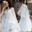 Vintage / Originale Bleu Ciel Transparentes Robe De Soirée 2019 Princesse Col Haut Manches Longues Appliques En Dentelle Ceinture Tachetée Tulle Tribunal Train Volants Dos Nu Robe De Ceremonie