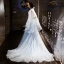 Vintage / Originale Bleu Ciel Transparentes Robe De Soirée 2019 Princesse Col Haut Manches Longues Appliques En Dentelle Ceinture Tachetée Tulle Tribunal Train Volants Dos Nu Robe De Ceremonie