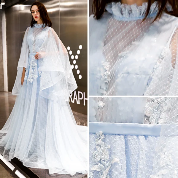 Vintage / Originale Bleu Ciel Transparentes Robe De Soirée 2019 Princesse Col Haut Manches Longues Appliques En Dentelle Ceinture Tachetée Tulle Tribunal Train Volants Dos Nu Robe De Ceremonie