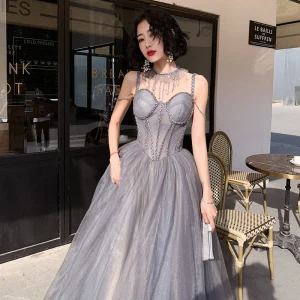 Classy Silver Corset Evening Dresses 2020 A Line Princess Spaghetti Straps Sleeveless Beading Glitter Tulle Sweep Train Ruffle Backless Formal Dresses