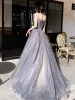 Classy Silver Corset Evening Dresses  2020 A-Line / Princess Spaghetti Straps Sleeveless Beading Glitter Tulle Sweep Train Ruffle Backless Formal Dresses