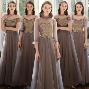 Affordable Brown Bridesmaid Dresses 2020 A Line Princess Beading Floor Length Long Ruffle Wedding Party Dresses