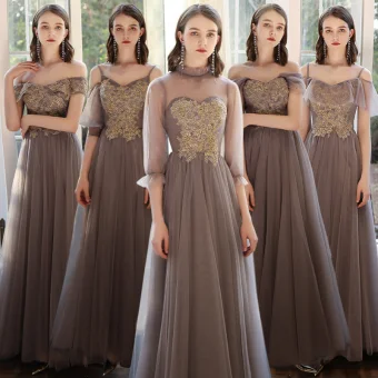 Abordable Marron Robe Demoiselle D Honneur 2020 Princesse Perlage Longue Volants Robe Pour Mariage