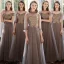 Affordable Brown Bridesmaid Dresses 2020 A-Line / Princess Beading Floor-Length / Long Ruffle Wedding Party Dresses