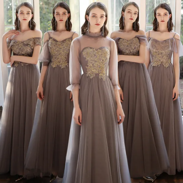 Affordable Brown Bridesmaid Dresses 2020 A-Line / Princess Beading Floor-Length / Long Ruffle Wedding Party Dresses