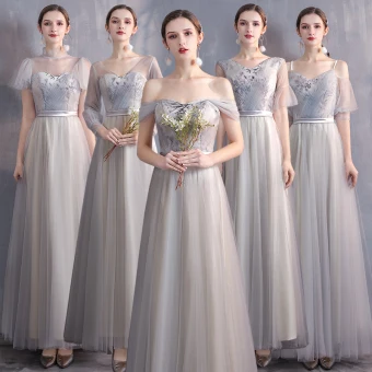 Affordable Champagne Grey Bridesmaid Dresses 2020 A Line Princess Appliques Lace Sash Floor Length Long Ruffle Wedding Party Dresses