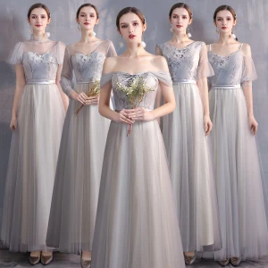 Abordable Champagne Gris Robe Demoiselle D Honneur 2020 Princesse Appliques En Dentelle Ceinture Longue Volants Robe Pour Mariage