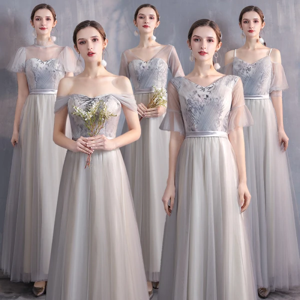 Affordable Champagne Grey Bridesmaid Dresses 2020 A-Line / Princess Appliques Lace Sash Floor-Length / Long Ruffle Wedding Party Dresses