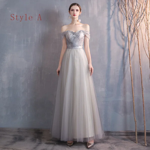 Affordable Champagne Grey Bridesmaid Dresses 2020 A-Line / Princess Appliques Lace Sash Floor-Length / Long Ruffle Wedding Party Dresses