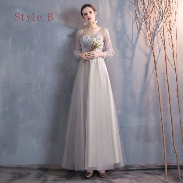 Affordable Champagne Grey Bridesmaid Dresses 2020 A-Line / Princess Appliques Lace Sash Floor-Length / Long Ruffle Wedding Party Dresses