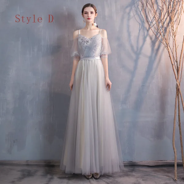 Affordable Champagne Grey Bridesmaid Dresses 2020 A-Line / Princess Appliques Lace Sash Floor-Length / Long Ruffle Wedding Party Dresses