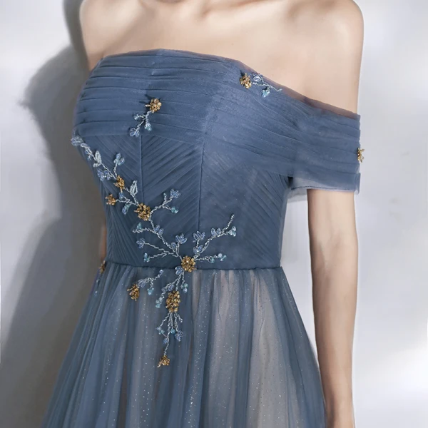 Eleganta Ocean Blå Aftonklänningar 2020 Prinsessa Av Axeln Korta ärm Glittriga / Glitter Tyll Beading Långa Ruffle Halterneck Formella Klänningar