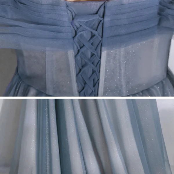 Eleganta Ocean Blå Aftonklänningar 2020 Prinsessa Av Axeln Korta ärm Glittriga / Glitter Tyll Beading Långa Ruffle Halterneck Formella Klänningar